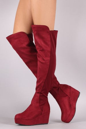 Suede Elastane Back Panel Over-The-Knee Platform Wedge Boots