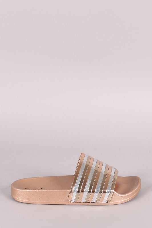 Qupid Metallic Tri-Color Open Toe Band Slide Sandal