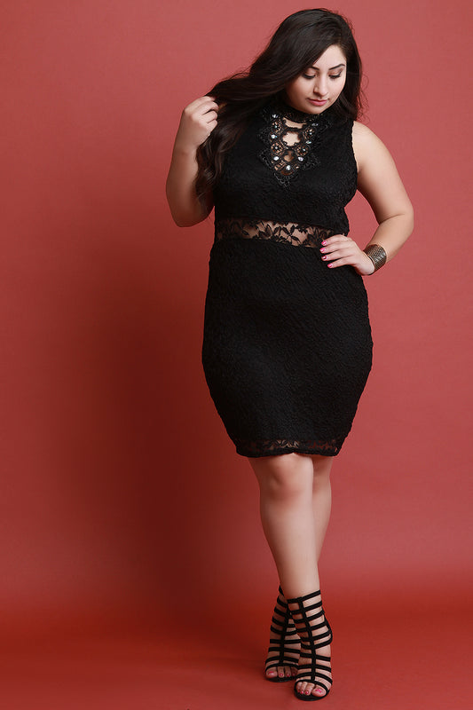 Floral Lace Rhinestone Accent Sleeveless Dress