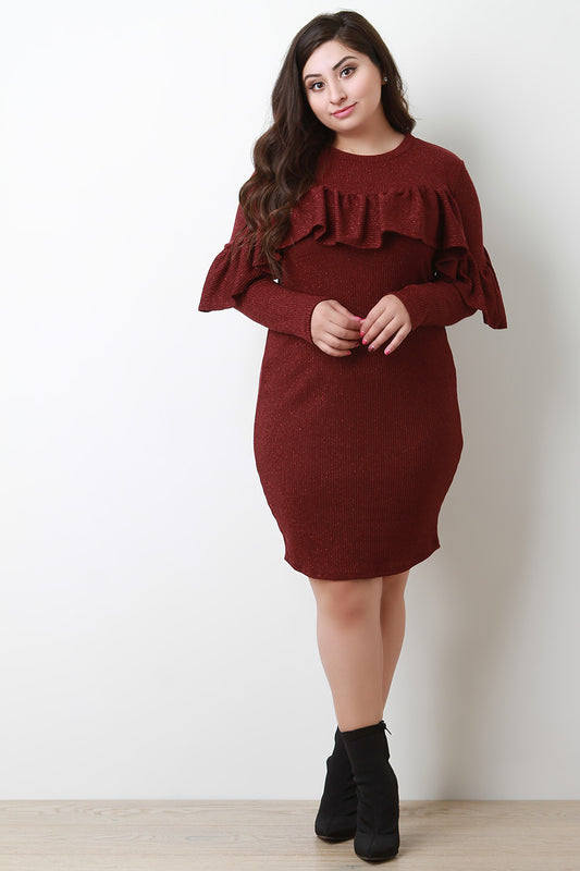 Shimmery Ribbed Long Sleeves Ruffle Midi Dress