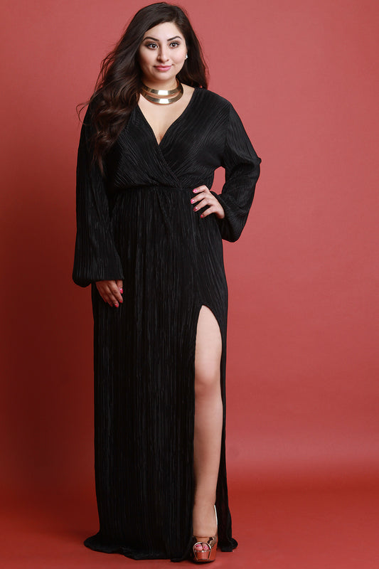 Surplice Pleated Satin Slit Maxi Dress
