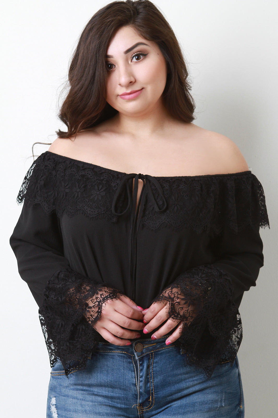 Floral Lace Tier Off The Shoulder Bell Sleeve Top