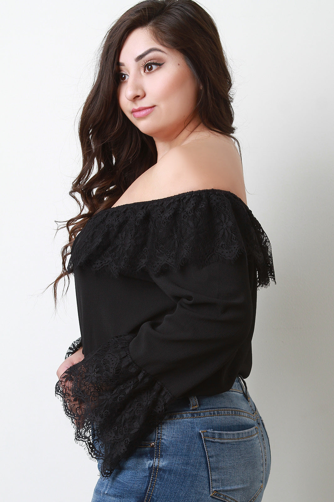 Floral Lace Tier Off The Shoulder Bell Sleeve Top