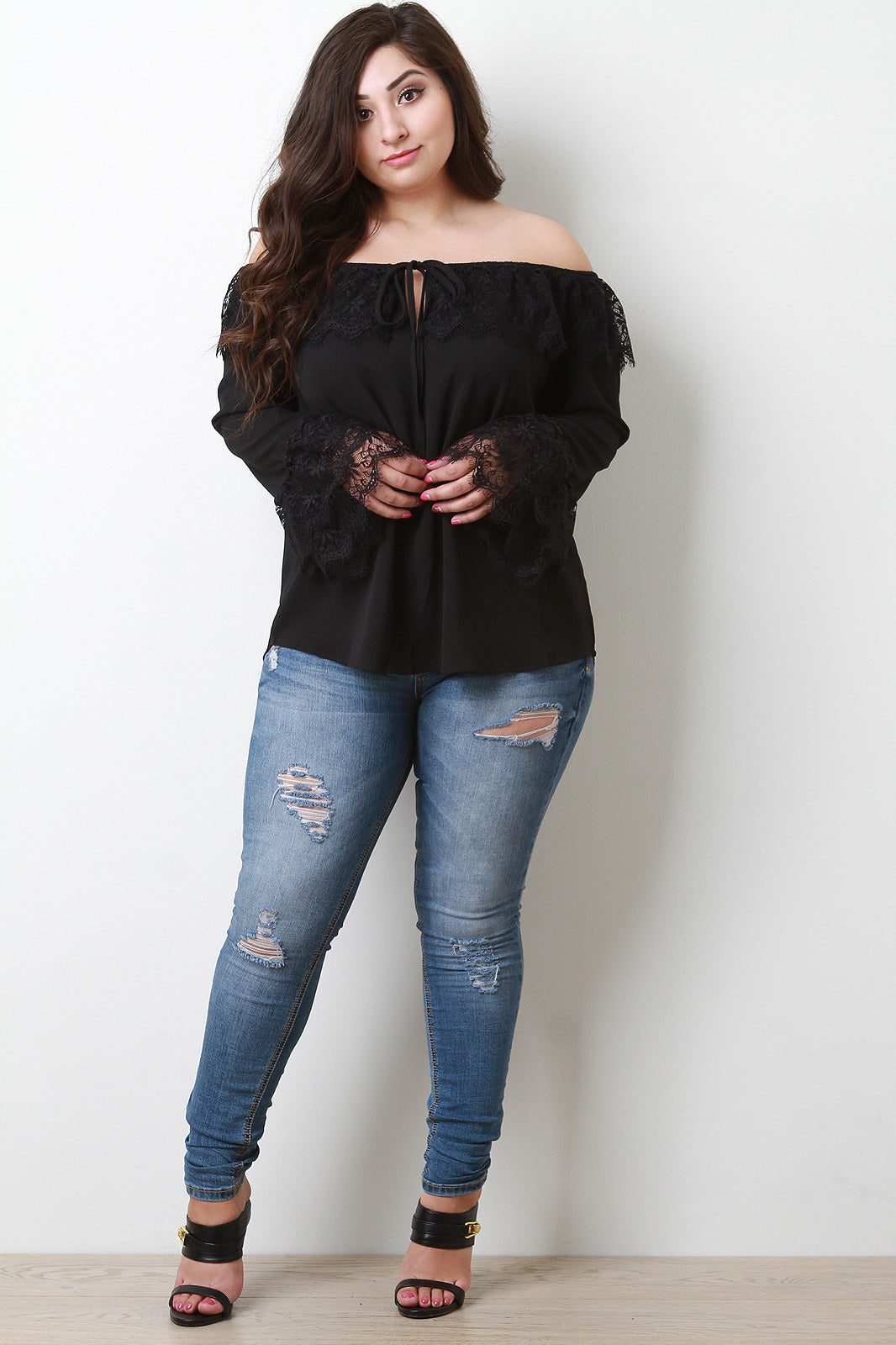 Floral Lace Tier Off The Shoulder Bell Sleeve Top