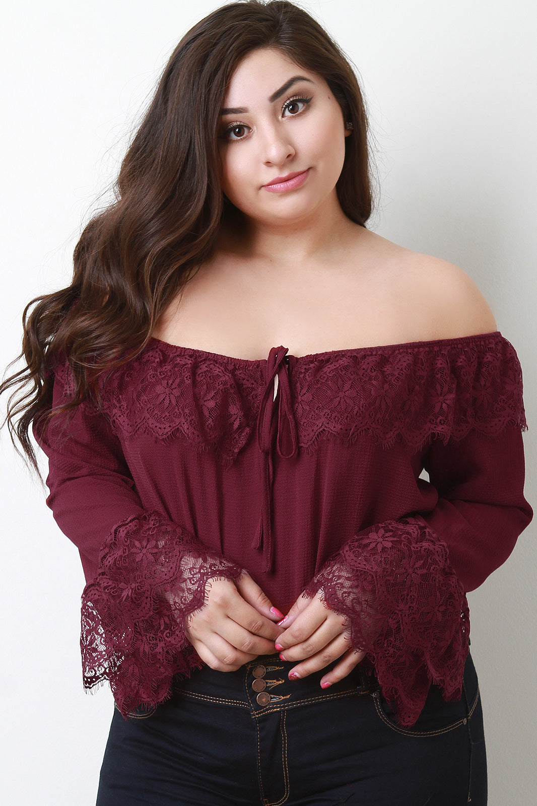 Floral Lace Tier Off The Shoulder Bell Sleeve Top