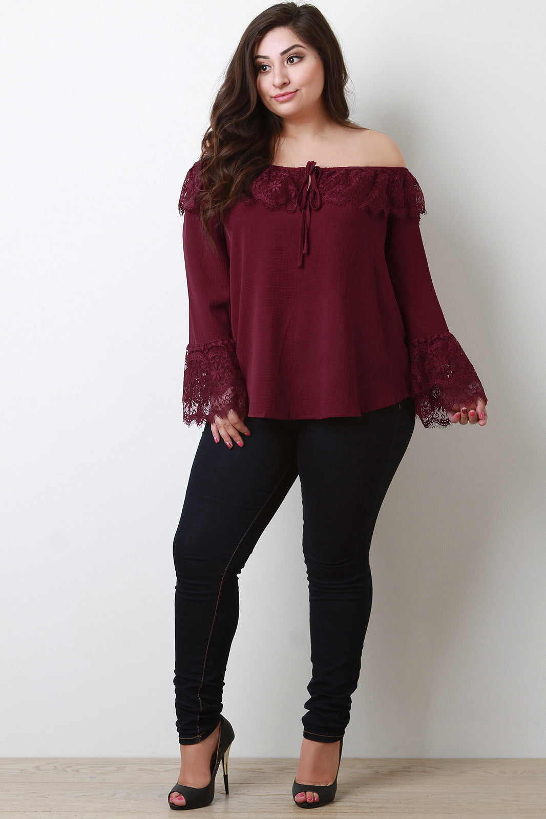 Floral Lace Tier Off The Shoulder Bell Sleeve Top