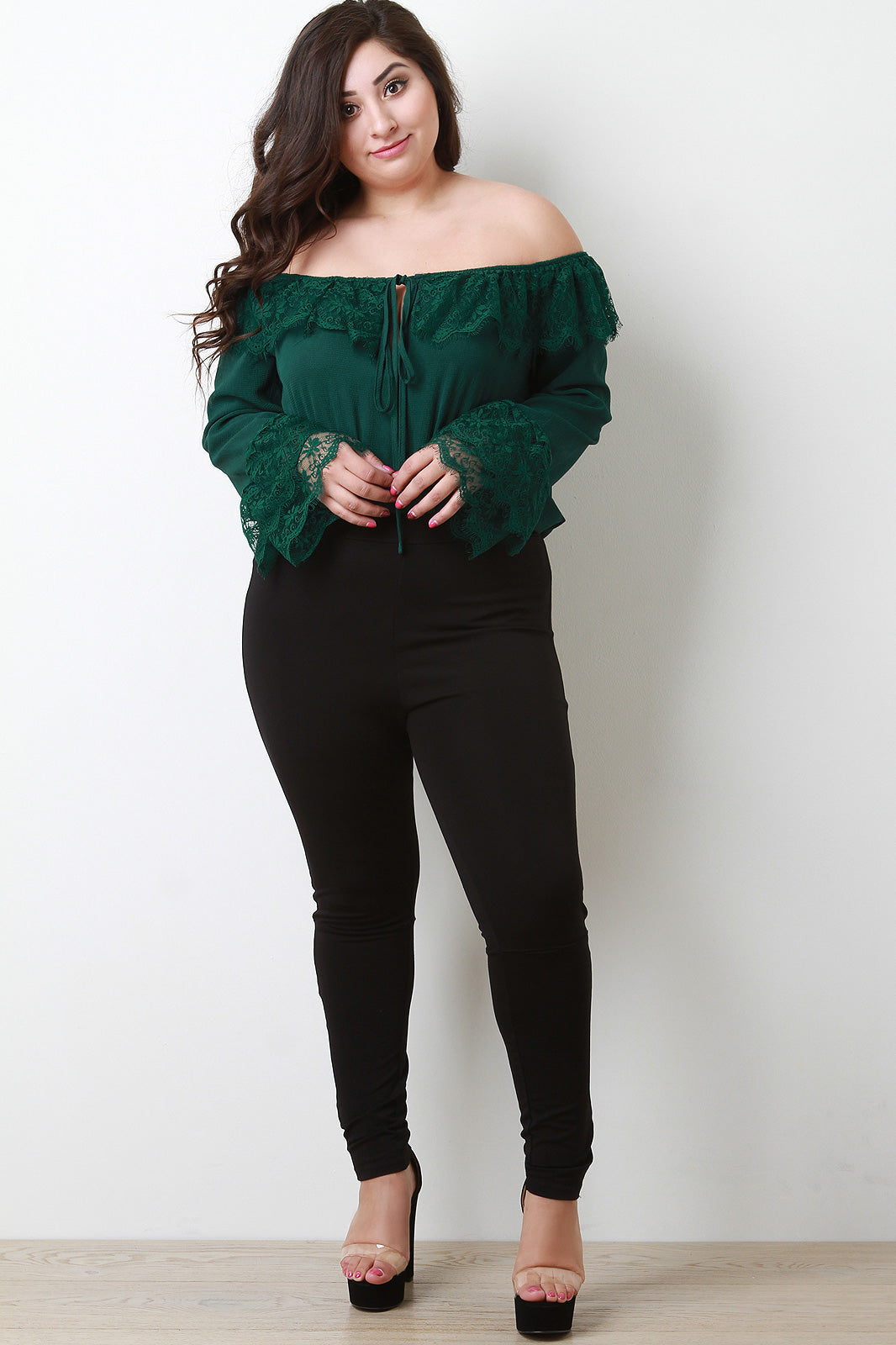 Floral Lace Tier Off The Shoulder Bell Sleeve Top