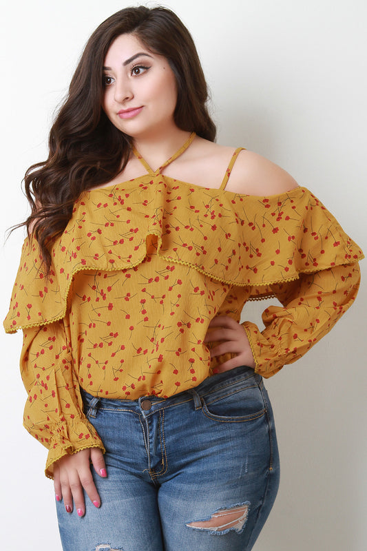 Floral Tier Cold Shoulder Trumpet Sleeve Top