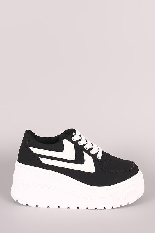Qupid Nubuck Stripe Lace-Up Lug Platform Wedge Sneaker