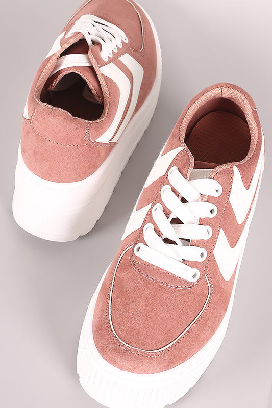Qupid Suede Stripe Lace-Up Lug Platform Wedge Sneaker