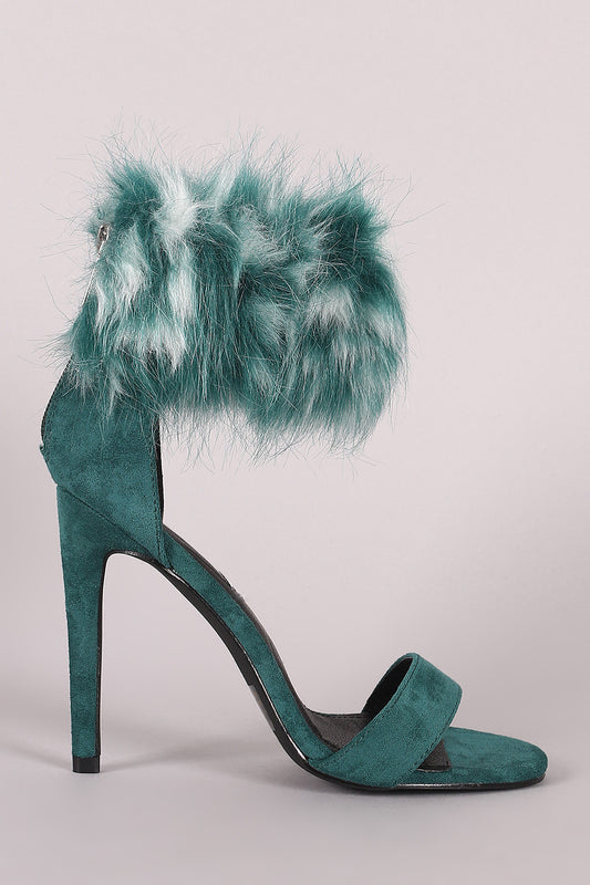 Faux Fur Ankle Cuff Suede Single Sole Stiletto Heel