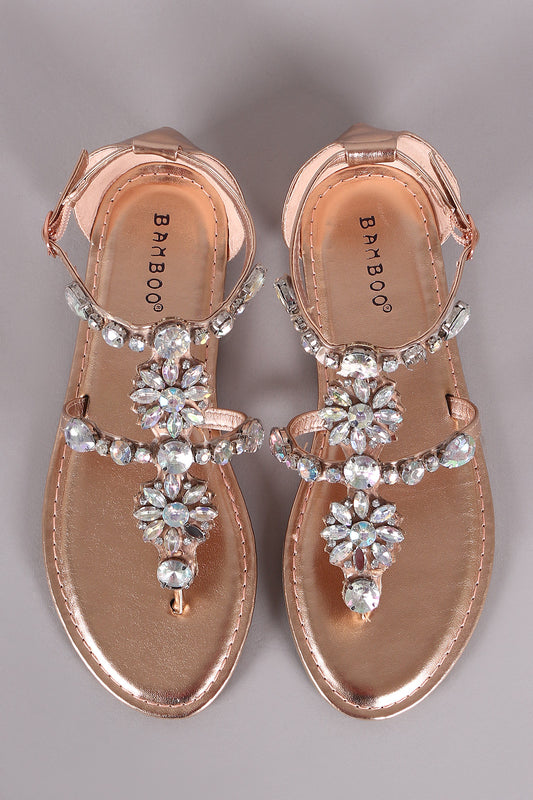 Bamboo Rhinestone Embellished Thong Flat Sandal