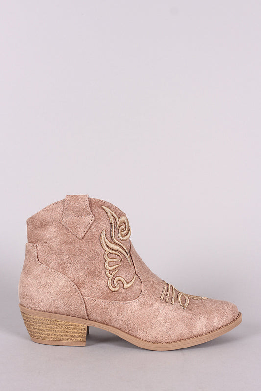 Qupid Western Stitchwork Pointy Toe Ankle Boots