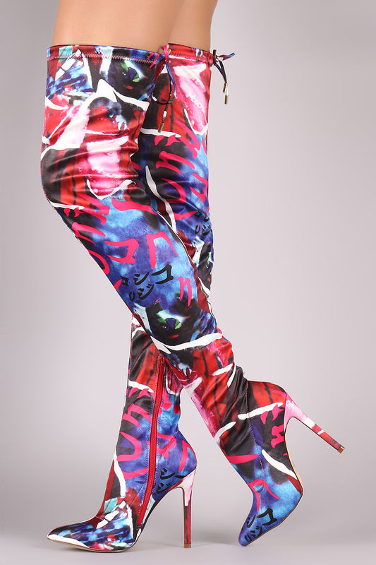 Liliana Abstract Pointy Toe Drawstring-Tie Elastane OTK Boots