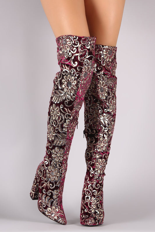 Floral Sequin Velvet Pointy Toe OTK Boots