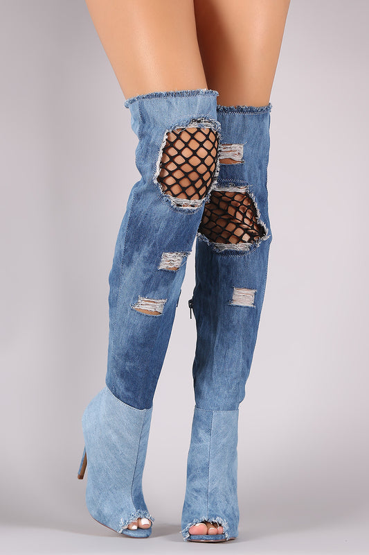 Fishnet Panel Distressed Denim Peep Toe OTK Boots