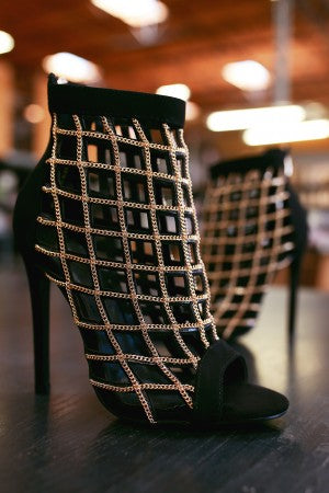 Suede Chain Caged Cutout Peep Toe Stiletto Heel