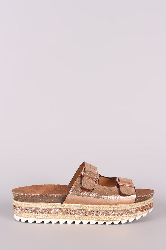 Bamboo Metallic Glitter Espadrille Trim Buckled Slide Sandal