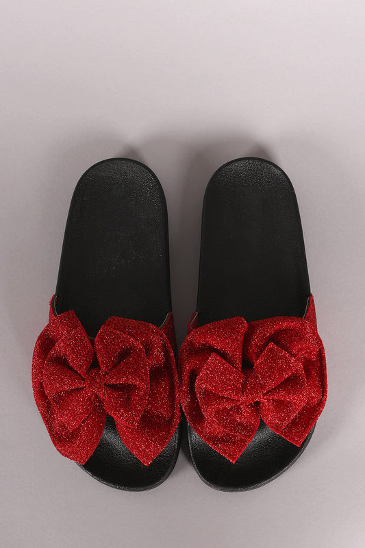 Oversized Shimmer Bow Open Toe Slide Sandal