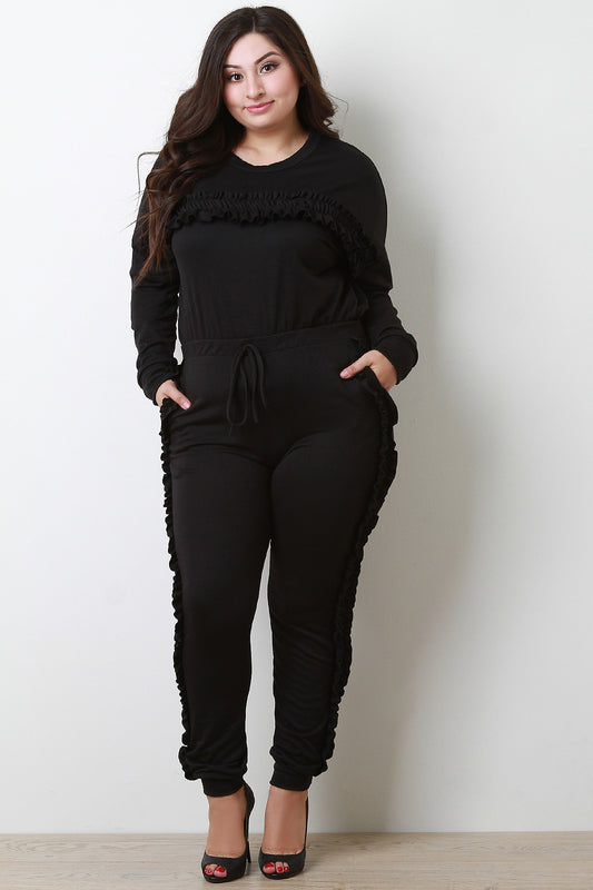 Ruffled Sweater Top With High Rise Jogger Pants Set