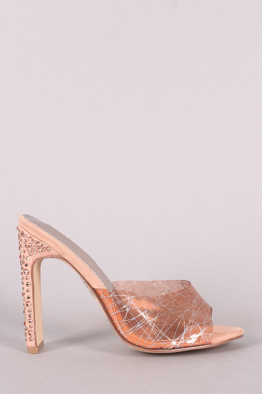Printed Clear Band Slip On Mule Rhinestone Heel