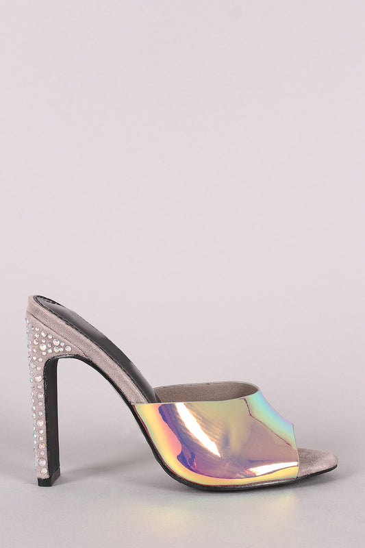 Holographic Slip On Mule Rhinestone Heel