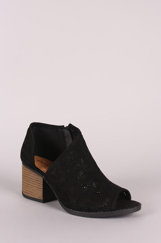 Qupid Perforated Suede Open Shank Block Heeled Booties
