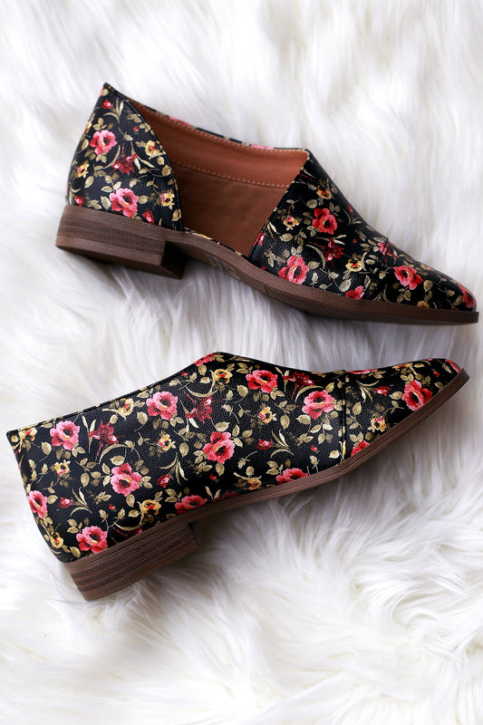 Qupid Floral Almond Toe Open Shank Oxford Flat