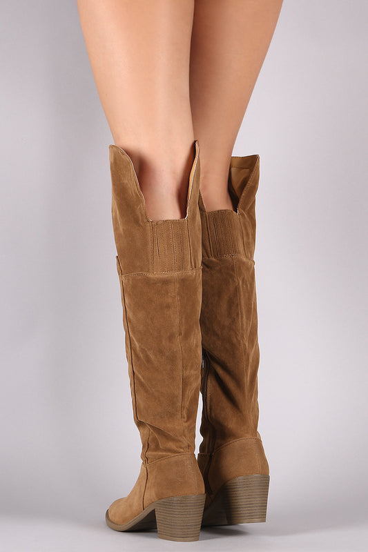 Qupid Suede Back Cutout Chunky Heeled OTK Boots