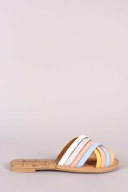 Qupid Snake Embossed Crisscross Peep Toe Slide Sandal