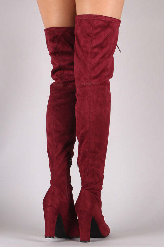 Suede Almond Toe Chunky Heeled Lace-Up OTK Boots