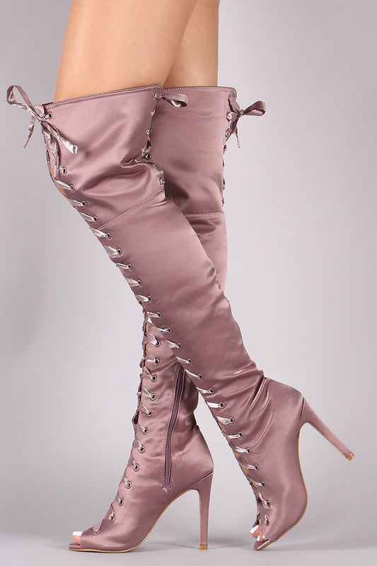 Lace-Up Satin Peep Toe Stiletto Over-The-Knee Boots
