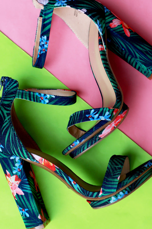 Floral Print Ankle Strap Platform Chunky Heel