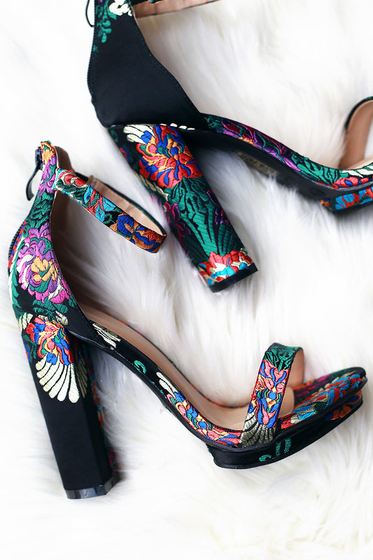Floral Brocade Ankle Strap Platform Chunky Heel
