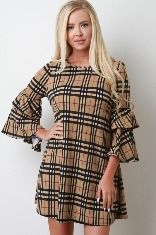 Plaid Pattern Tiered Sleeve Shift Dress