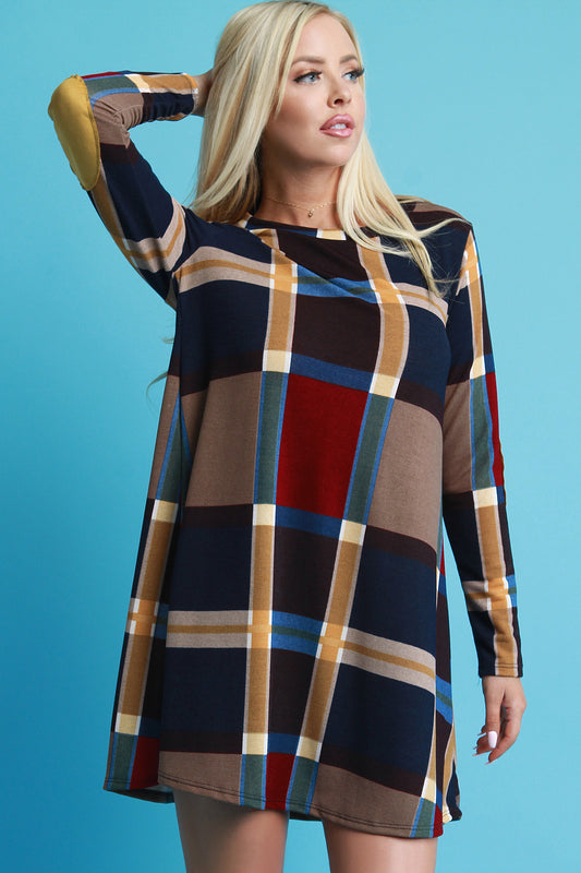 Plaid Suede Elbow Patch Shift Dress
