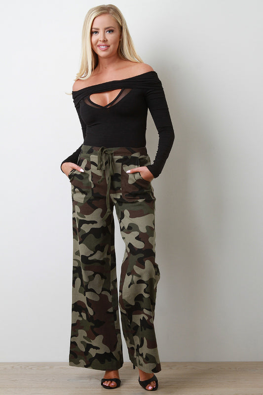 Camouflage Print Wide Leg Drawstring Pants