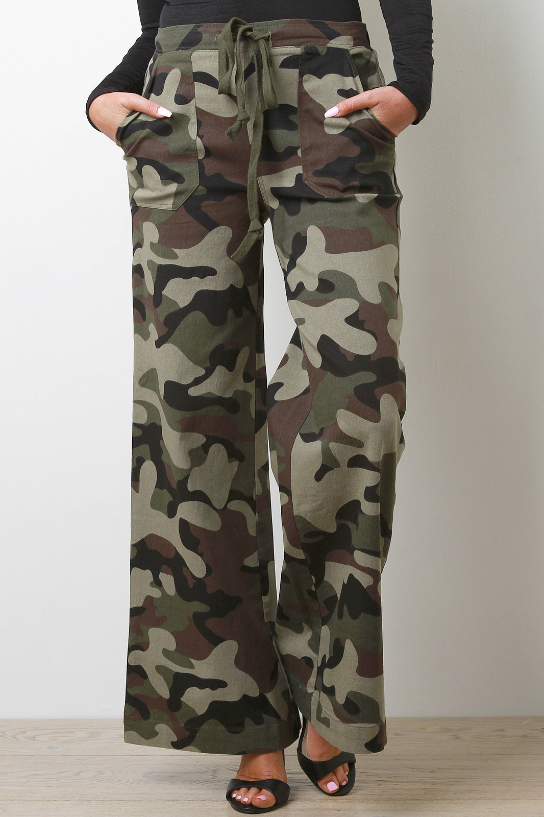 Camouflage Print Wide Leg Drawstring Pants