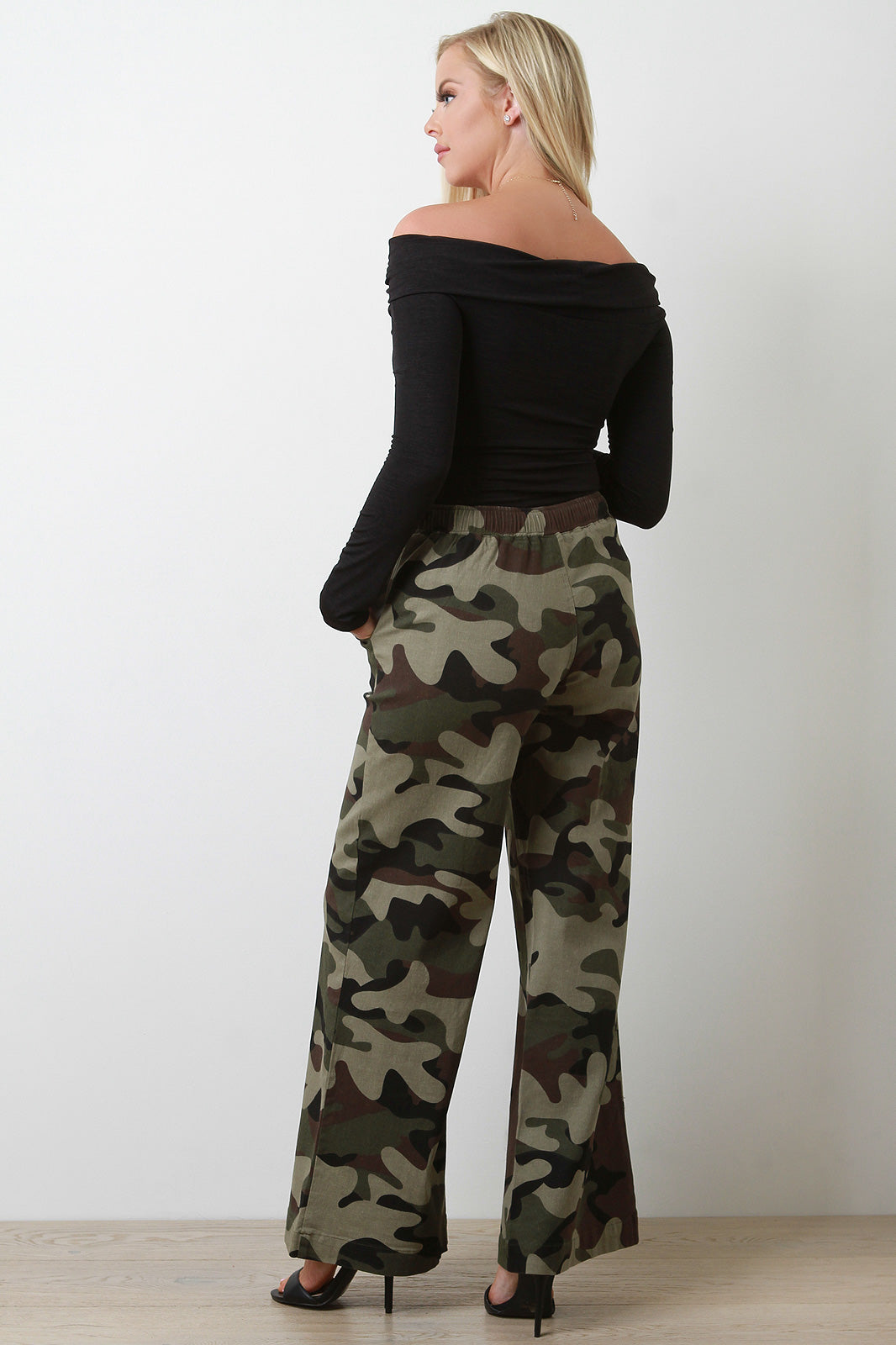 Camouflage Print Wide Leg Drawstring Pants